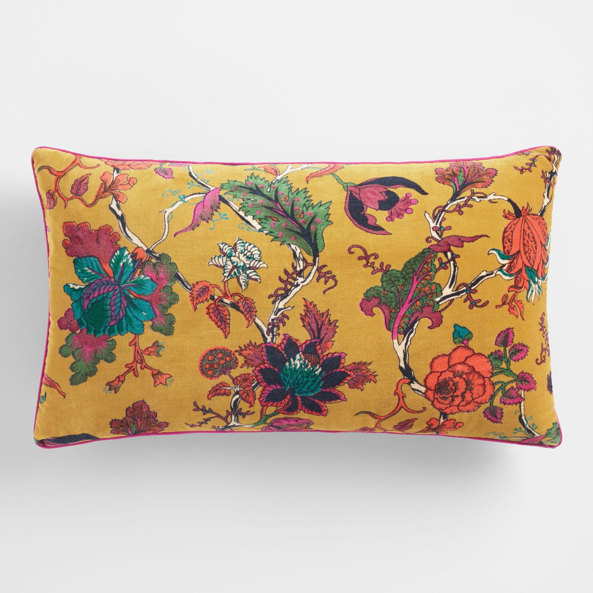 Mustard Floral Velvet Lumbar Pillow — view 1